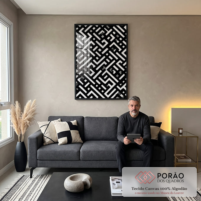 Quadro Decorativo Labirinto Preto e Branco em sala de estar moderna - quadros decorativos para sala