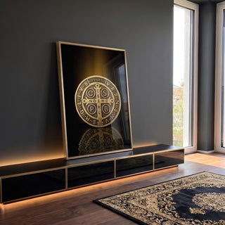 Quadro Decorativo Medalha de São Bento - Elegância e Tradição em Tecido Canvas em ambiente decorado - quadros decorativos para sala