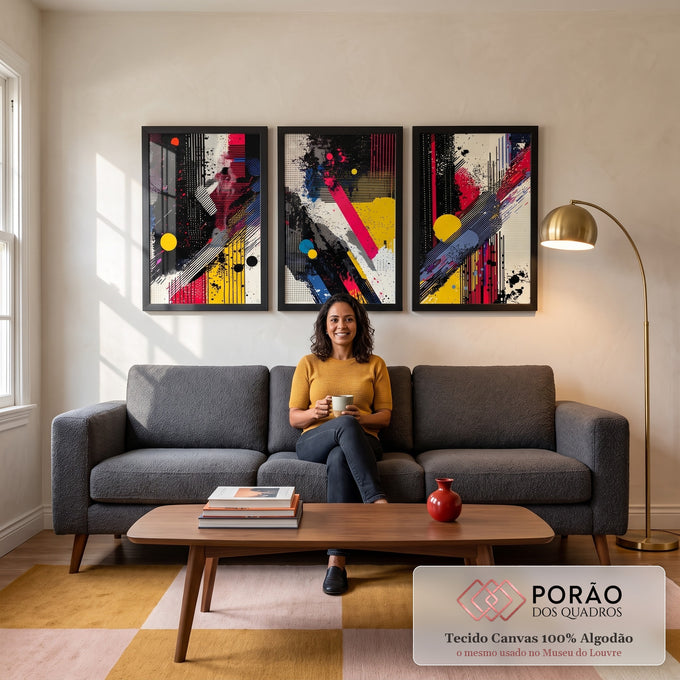 Quadro Decorativo Arte Abstrata - Linhas Dinâmicas e Cores Impactantes em sala de estar moderna - quadros decorativos para sala