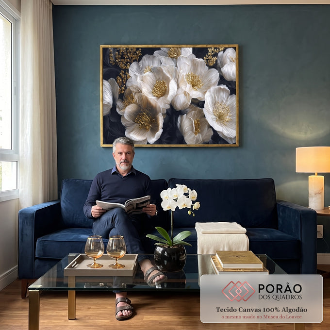 Quadro Decorativo Elegância Floral Dourada em sala de estar moderna - quadros decorativos para sala
