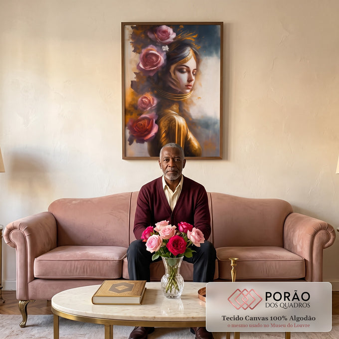 Quadro Decorativo: Elegância de uma Mulher Japonesa Floral em sala de estar moderna - quadros decorativos para sala