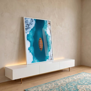 Quadro Decorativo Solidão Confortante Canoa Sob o Lago Gelado em ambiente decorado - quadros decorativos para sala