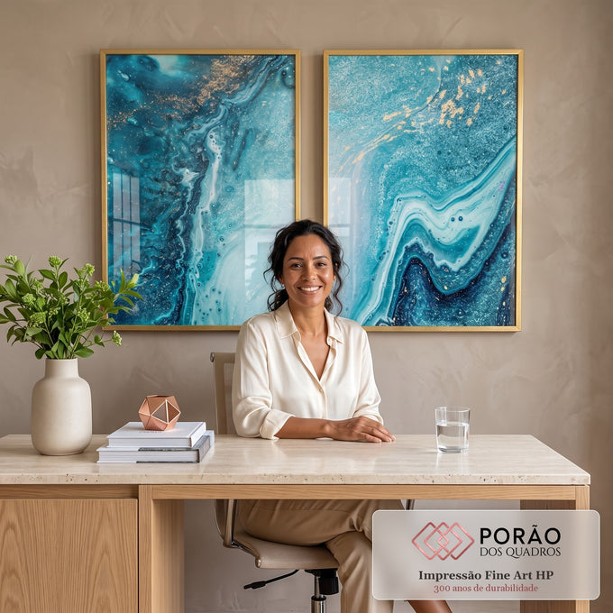 Quadro Decorativo Dança de Azul e Dourado: Inspiração Única em escritorio moderno - quadros decorativos para sala
