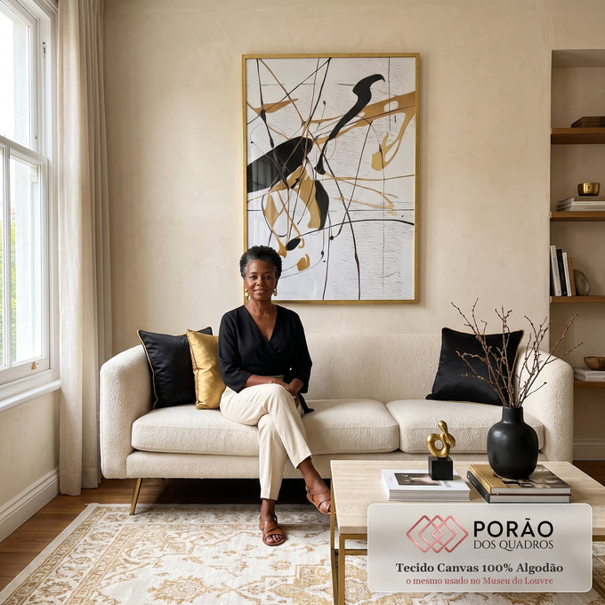 Quadro Decorativo Traços de Ouro em sala de estar moderna - quadros decorativos para sala