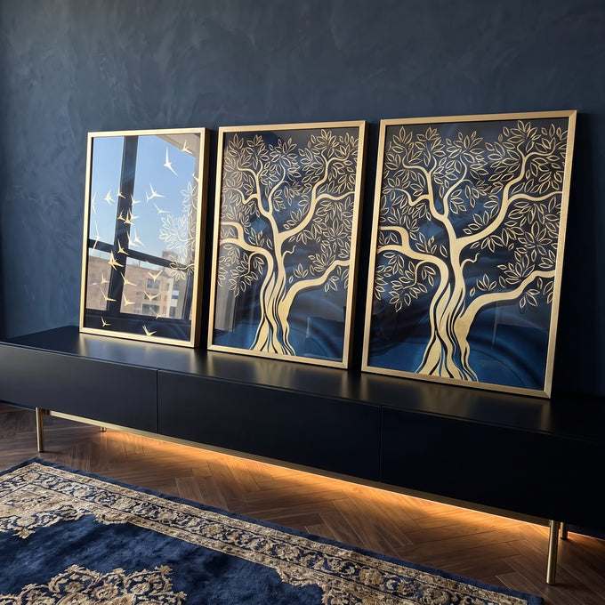 Quadro Decorativo Árvore Dourada: Inspiração e Harmonia em ambiente decorado - quadros decorativos para sala