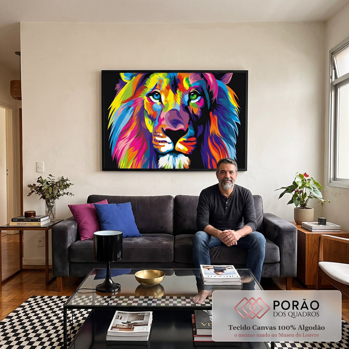 Quadro Decorativo Rei da Selva: Força Vibrante em Cores em sala de estar moderna - quadros decorativos para sala