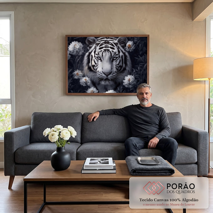 Quadro Decorativo Animal - Tigre Branco em sala de estar moderna - quadros decorativos para sala
