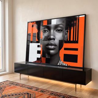 Quadro Decorativo Abstrato Mulher - Elegante em Tons Laranja em ambiente decorado - quadros decorativos para sala
