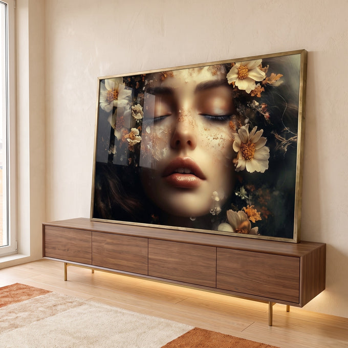 Quadro Decorativo A Beleza da Mulher sobre as Flores em ambiente decorado - quadros decorativos para sala