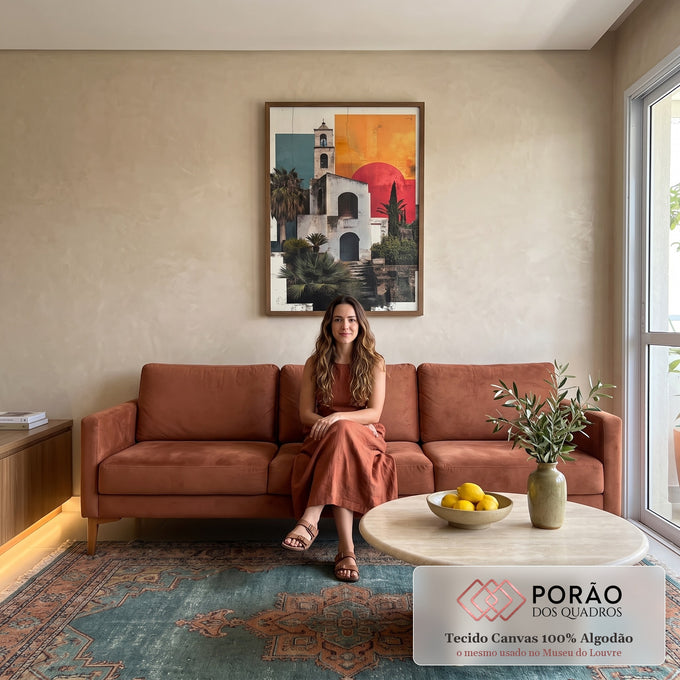 Quadro Decorativo Charme Mediterrâneo ao Pôr do Sol em sala de estar moderna - quadros decorativos para sala