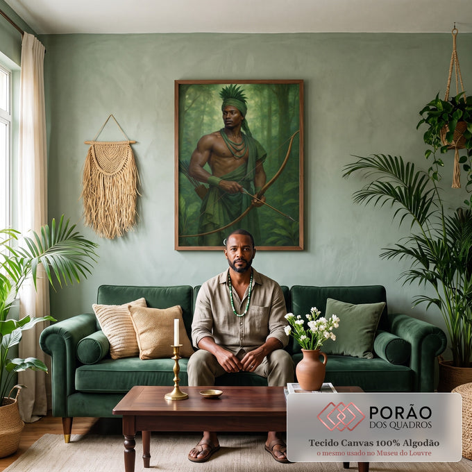 Quadro Decorativo Orixá Oxóssi: Caçador da Vida em sala de estar moderna - quadros decorativos para sala