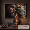 Quadro Decorativo A Serenidade de Jesus e a Ferocidade do Leão de Judá em escritorio moderno - quadros decorativos para sala