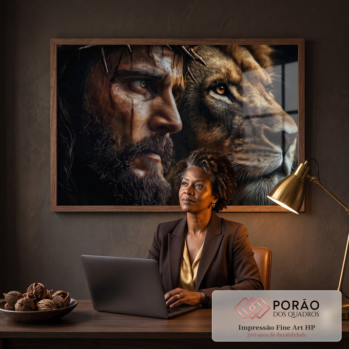 Quadro Decorativo A Serenidade de Jesus e a Ferocidade do Leão de Judá em escritorio moderno - quadros decorativos para sala
