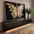 Quadro Decorativo Luxo: Asas de Borboleta Douradas em ambiente decorado - quadros decorativos para sala