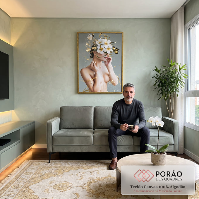 Quadro Decorativo Mulher com Cabeça de Flores - Elegância e Sofisticação para Seu Ambiente em sala de estar moderna - quadros decorativos para sala