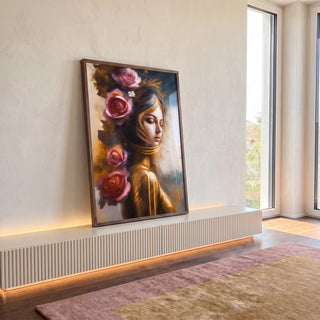 Quadro Decorativo: Elegância de uma Mulher Japonesa Floral em ambiente decorado - quadros decorativos para sala
