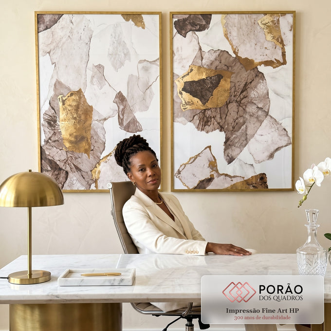 Quadro Decorativo Abstração Ouro e Branco Toque Luxuoso em escritorio moderno - quadros decorativos para sala