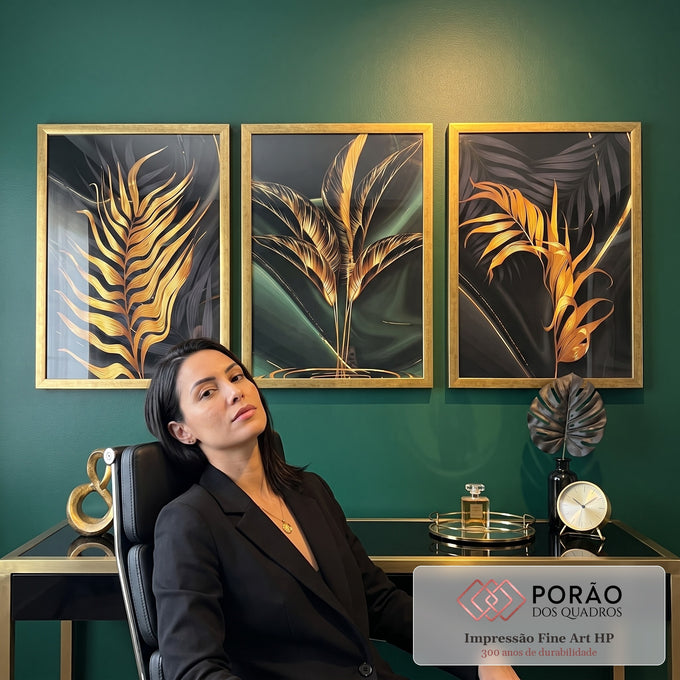 Quadro Decorativo: Luxo de Folhas Tropicais Douradas em escritorio moderno - quadros decorativos para sala