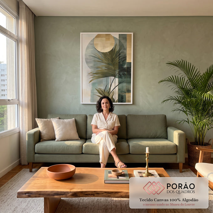 Quadro Decorativo Minimalista de Folhas Verdes - Elegância e Sustentabilidade em sala de estar moderna - quadros decorativos para sala