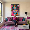 Quadro Decorativo Mulher Abstrata Encanto em Tons Vibrantes em sala de estar moderna - quadros decorativos para sala