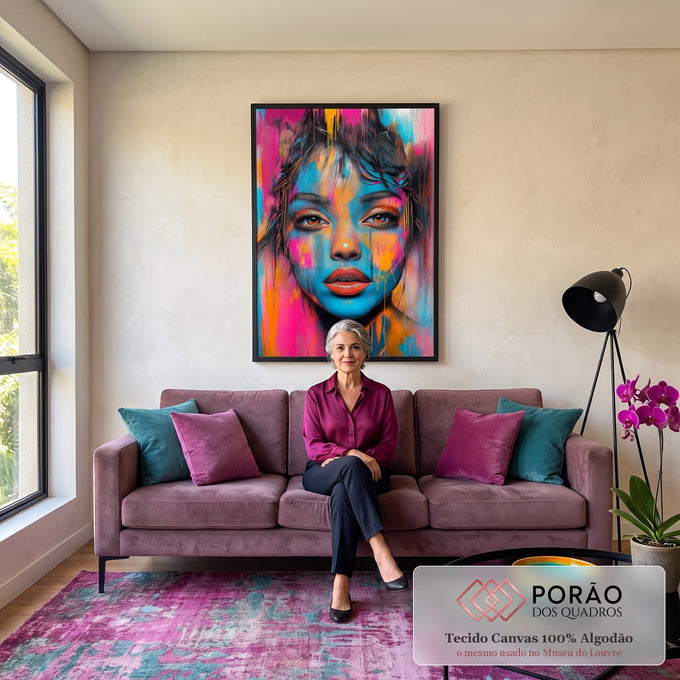 Quadro Decorativo Mulher Abstrata Encanto em Tons Vibrantes em sala de estar moderna - quadros decorativos para sala