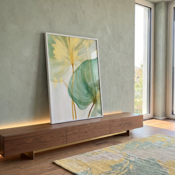 Quadro Decorativo Folhagem Dourada e Verde - Elegância Natural para Sua Decoração em ambiente decorado - quadros decorativos para sala