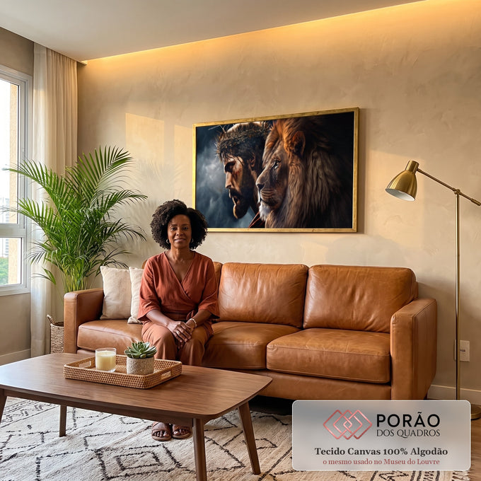 Quadro Decorativo Divindade e Realeza Jesus e Leão de Judá em sala de estar moderna - quadros decorativos para sala