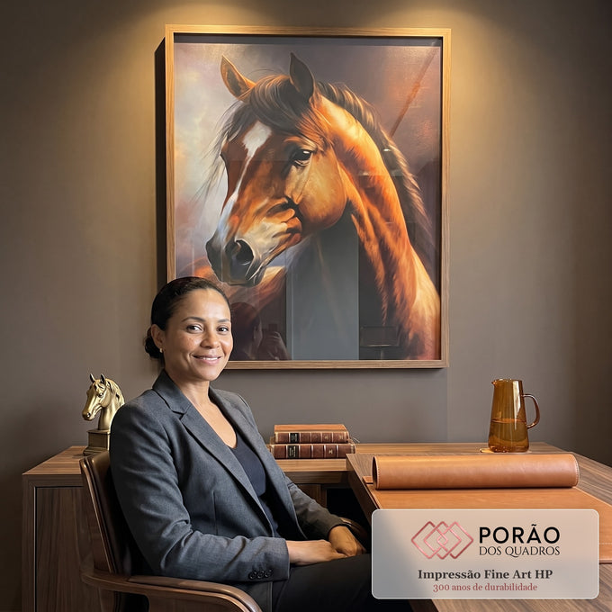 Quadro Decorativo - Cavalo Marrom Majestoso em escritorio moderno - quadros decorativos para sala