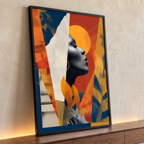 Mulher negra de perfil em colagem laranja com sol amarelo, faixas azuis e folhas douradas, quadro decorativo