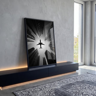 Quadro Decorativo Avião em Cidade Moderna em ambiente decorado - quadros decorativos para sala