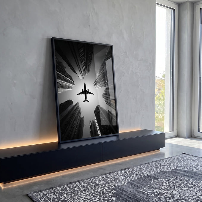 Quadro Decorativo Avião em Cidade Moderna em ambiente decorado - quadros decorativos para sala