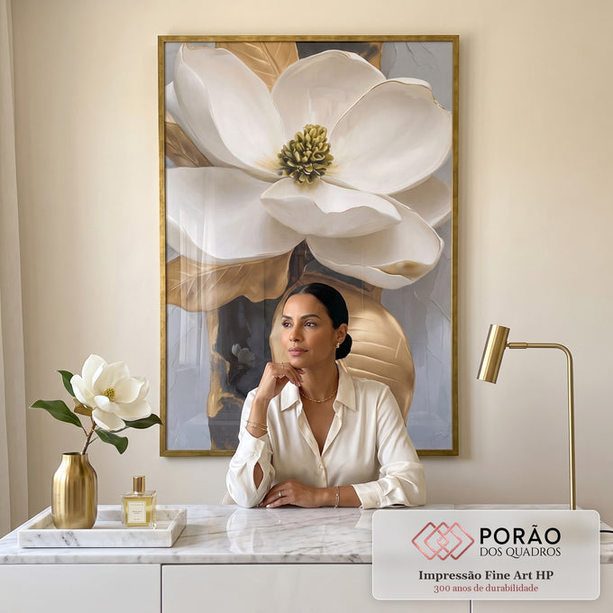 Quadro Decorativo Elegância em Flor: Quadro Magnólia Dourada em escritorio moderno - quadros decorativos para sala