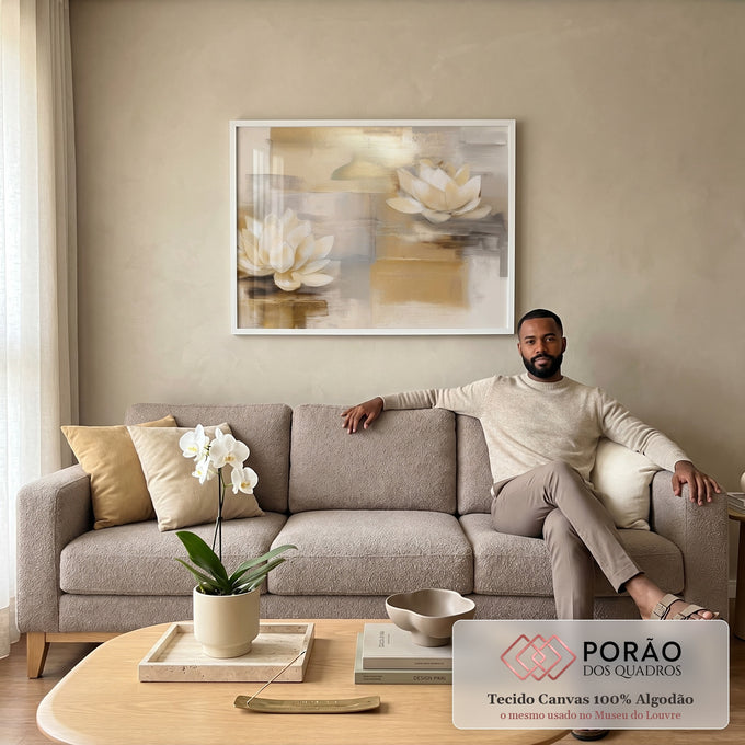 Quadro Decorativo Lótus Branca e Serenidade em sala de estar moderna - quadros decorativos para sala