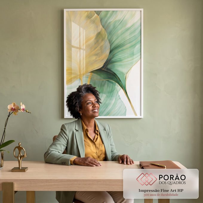 Quadro Decorativo Folhagem Dourada e Verde - Elegância Natural para sua Casa em escritorio moderno - quadros decorativos para sala