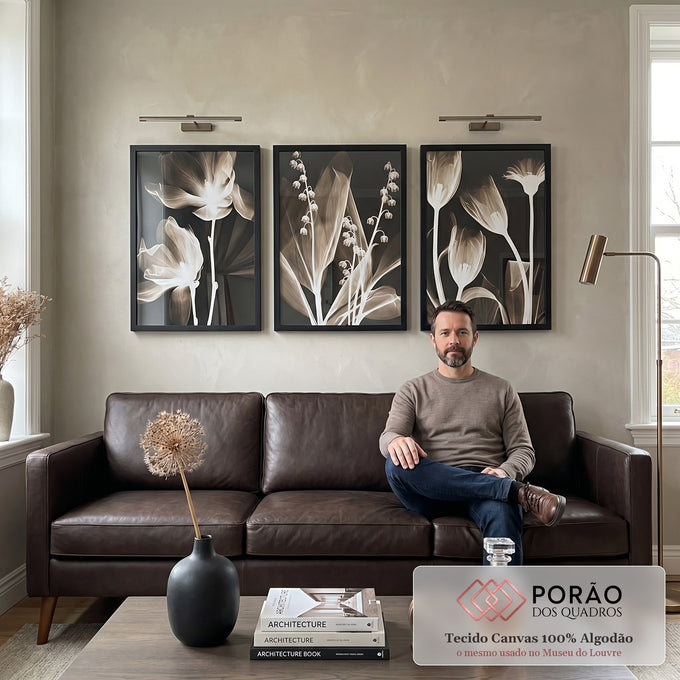 Quadro Decorativo Flores Monocromáticas: Elegância e Harmonia em sala de estar moderna - quadros decorativos para sala