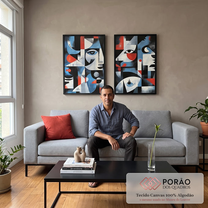 Quadro Decorativo Abstrato com Faces em sala de estar moderna - quadros decorativos para sala