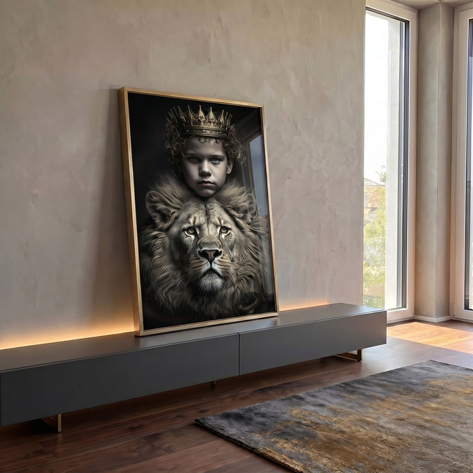 Quadro Decorativo Premium Boy Crown com Leão - Elevando sua Decoração em ambiente decorado - quadros decorativos para sala