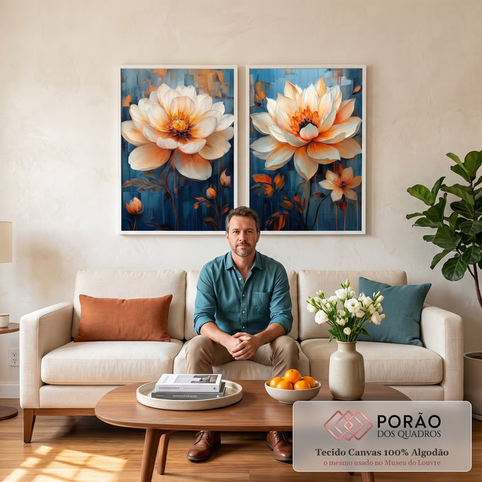 Quadro Decorativo Dupla de Flores Esbeltas  Elegância e Natureza em sala de estar moderna - quadros decorativos para sala