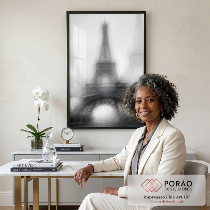 Quadro Decorativo Torre Eiffel em Preto e Branco em escritorio moderno - quadros decorativos para sala