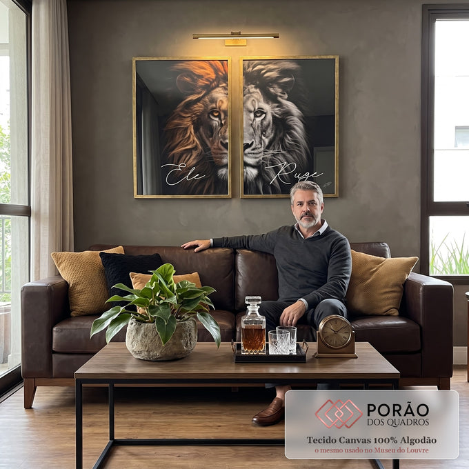 Quadro Decorativo Duo Leão - Elegância Realista para Seu Ambiente em sala de estar moderna - quadros decorativos para sala