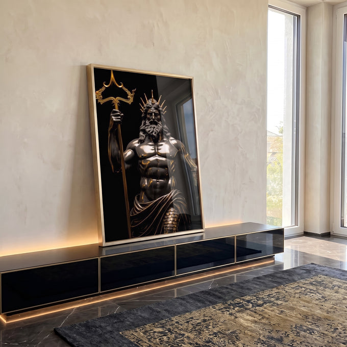 Quadro Decorativo Poseidon com Tridente - Arte Luxuosa para Sua Casa em ambiente decorado - quadros decorativos para sala