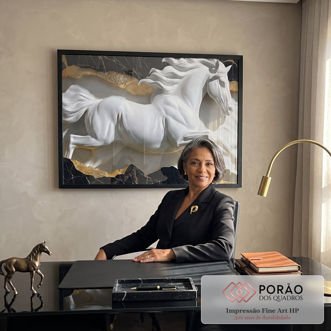 Quadro Decorativo Escultura de Cavalo Branco em Movimento em escritorio moderno - quadros decorativos para sala