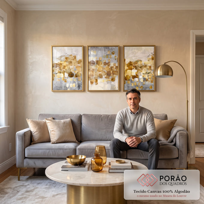 Quadro Decorativo: Fusão de Ouro e Branco, Toque Minimalista em sala de estar moderna - quadros decorativos para sala