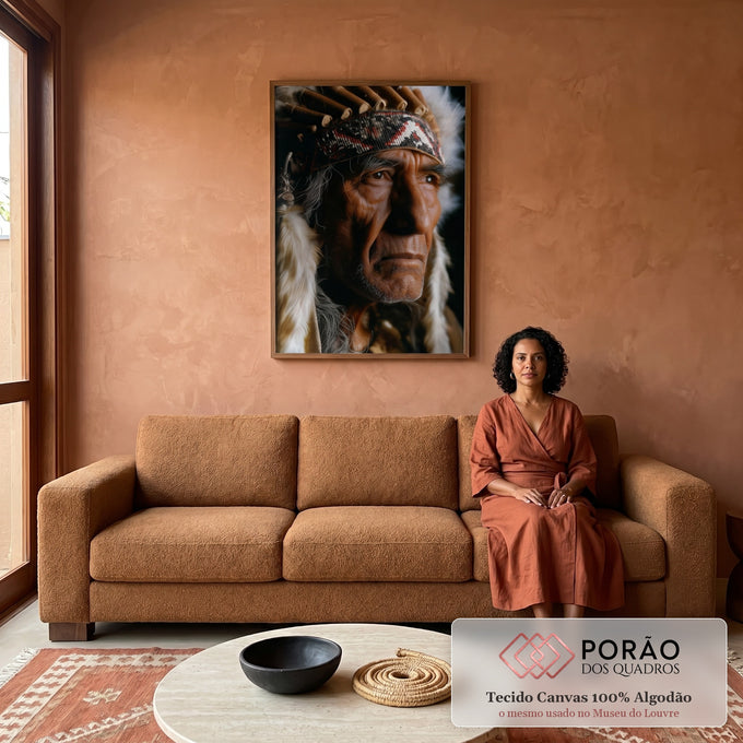 Quadro Decorativo - Retrato de Sabedoria Indígena em sala de estar moderna - quadros decorativos para sala