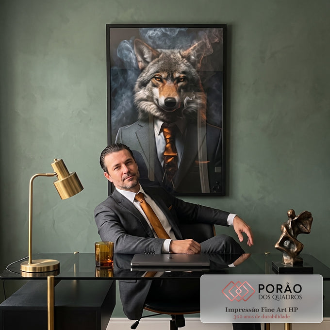 Quadro Decorativo Lobo Empresário - Sofisticação e Estilo para Sua Casa em escritorio moderno - quadros decorativos para sala