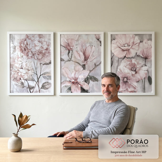 Quadro Decorativo: Magnólias Pastéis - Toque de Serenidade em escritorio moderno - quadros decorativos para sala