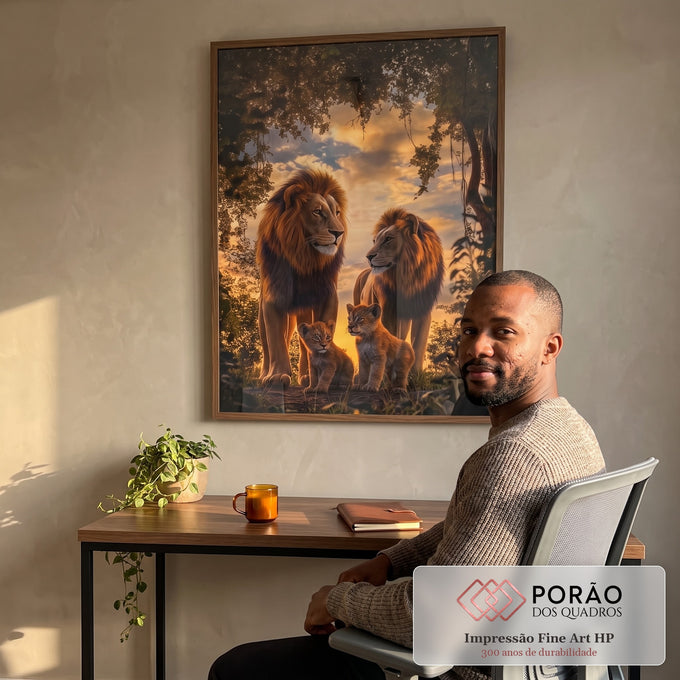 Quadro Decorativo Família Leão e Filhotes - Amor e Conexão em Cada Traço em escritorio moderno - quadros decorativos para sala