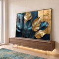 Quadro Decorativo Folhas Douradas e Azuis em ambiente decorado - quadros decorativos para sala