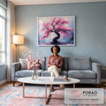 Quadro Decorativo Árvore da Vida com Pétalas Rosas - Arte que Inspira em sala de estar moderna - quadros decorativos para sala