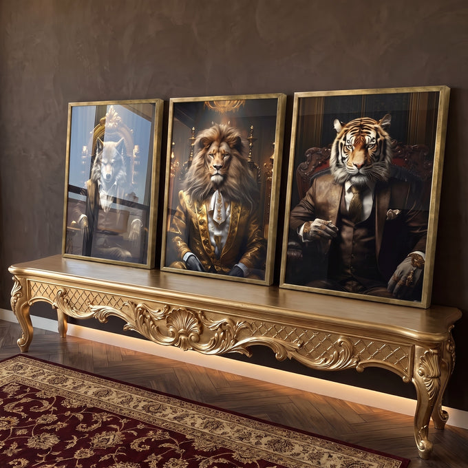 Quadro Decorativo Três Animais Executivos - Estilo Sofisticado para Sua Decoração em ambiente decorado - quadros decorativos para sala